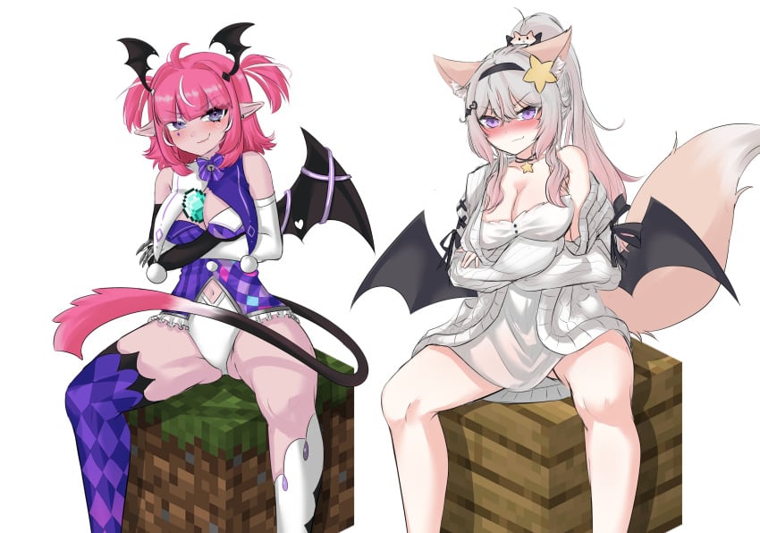 2025 2girls annytf bat_wings blush breasts camila_(vtuber) crossed_arms demon duo fox_girl green_hair head_wings long_hair looking_at_viewer minecraft minecraft_block nipples off_shoulder pink_hair ponytail purple_eyes ritspi shoulder_length_hair sitting smirk spread_legs sweater tail virtual_youtuber vtuber wings