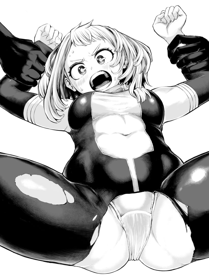 1girls 1other angry bad_end big_breasts bodysuit captured captured_heroine captured_superheroine defeated defeated_heroine defeated_superheroine embarrassed female_human fit_female hero_outfit_(mha) heroine_in_trouble human imminent_rape light-skinned_female looking_at_viewer maledom medium_breasts medium_hair monochrome my_hero_academia navel nomu ochako_uraraka ochako_uraraka_(hero_outfit) on_back open_mouth panties pinned_down restrained spread_legs struggling superhero_costume superheroine tatsu_(たつ) teenage_girl teenager thick_thighs torn_bodysuit torn_clothes wrist_grab