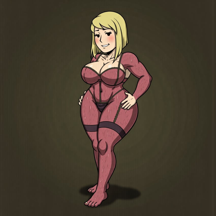 1girls ai_generated ass bethesda_softworks big_ass big_breasts blonde_hair clothed clothing fallout vault_girl vault_suit