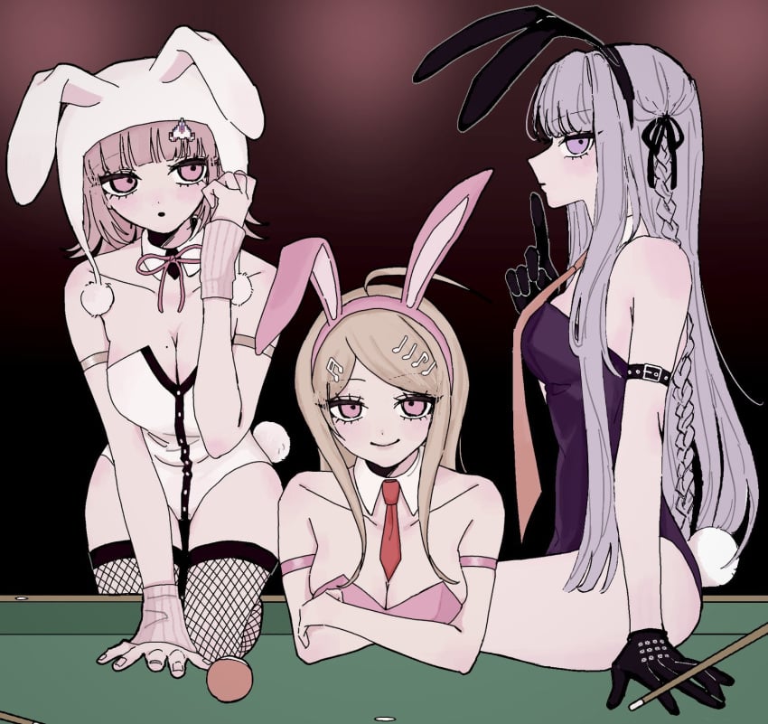 3girls akamatsu_kaede artist_request big_breasts blonde_hair bunny_ears bunny_girl bunny_tail bunnysuit danganronpa danganronpa_2:_goodbye_despair danganronpa_v3 female_only fishnet_legwear fishnets kirigiri_kyouko lavender_eyes lavender_hair nanami_chiaki pink_eyes pink_hair purple_eyes short_hair tagme thick_hips thick_thighs thighhighs thighs