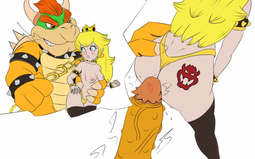 armwear ass_focus bent_over blonde_hair blue_eyes blush bowser bumpy_penis captured captured_heroine chain_leash chains collar crown earrings grabbing grabbing_from_behind grabbing_waist grin horns huge_cock interspecies legwear lipstick male/female mario_(series) monster monster_cock monster_on_female neckwear nintendo pale-skinned_female panties penis_on_ass princess princess_peach red_eyes size_difference sketchintheshade slave slave_bikini slave_outfit slavegirl spikes steam steaming_body super_mario_bros. tattoo tears thighhighs thong wristwear