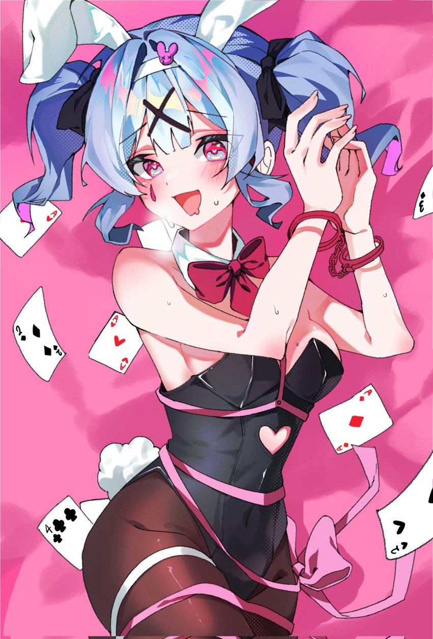 1girls :d animal_ears bare_shoulders black_leotard black_pantyhose blue_hair blush bound bound_wrists bow bowtie breasts clothing_cutout cowboy_shot cuffs detached_collar dot_nose fake_animal_ears hair_intakes hair_ornament hairband handcuffs hatsune_miku heart heart-shaped_pupils heart_cutout highleg highleg_leotard highres large_breasts legs_together leotard newda_al open_mouth pantyhose pink_eyes playboy_bunny pure_pure_(rabbit_hole) rabbit_ears rabbit_hole_(vocaloid) rabbit_tail red_bow red_bowtie ribbon ribbon_bondage short_hair short_twintails sidelocks smile solo stomach_cutout sweat symbol-shaped_pupils tail teardrop_facial_mark thighs twintails vocaloid white_hairband x_hair_ornament