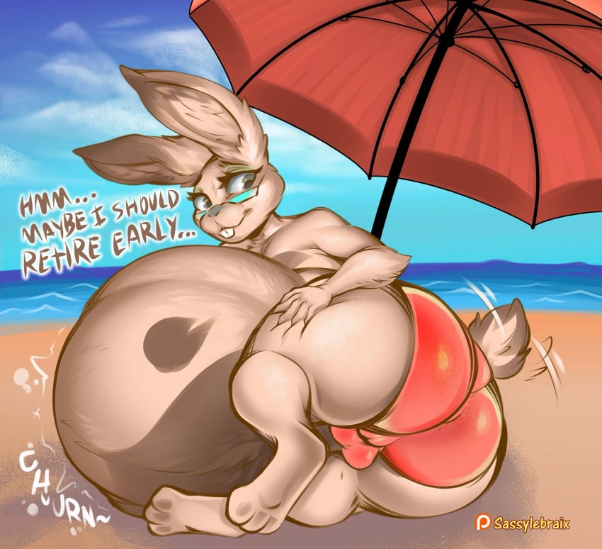 after_vore anthro ass balls_outline beach belly ben-bun_(afraart) big_belly big_butt bottomwear buckteeth bulge clothing detailed_bulge eyewear eyewear_on_head fur genital_outline glasses glasses_on_head hand_on_leg hi_res lagomorph leporid long_ears lying male mammal mature_male on_side rabbit sand sassylebraix solo swimwear tan_body tan_fur teeth umbrella vore