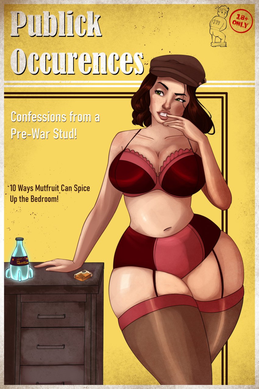 alternate_version_available clothed clothed_female fallout fallout_4 hat kingdong98 lingerie magazine magazine_cover nuka-cola_quantum piper_wright red_lingerie technically_clothed text