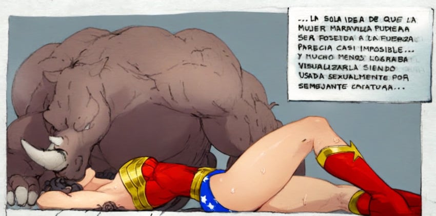 ) 1girls abs arm_behind_head armour armpit big_breasts black_hair chest color costume dc dc_comics diana_prince kissing ksennin laying_down legs long_hair monster monster_on_female princess rhino_man rhinoceros size_difference spanish_text sweat tagme text thick_thighs thong tiara wonder_woman wonder_woman_(series)