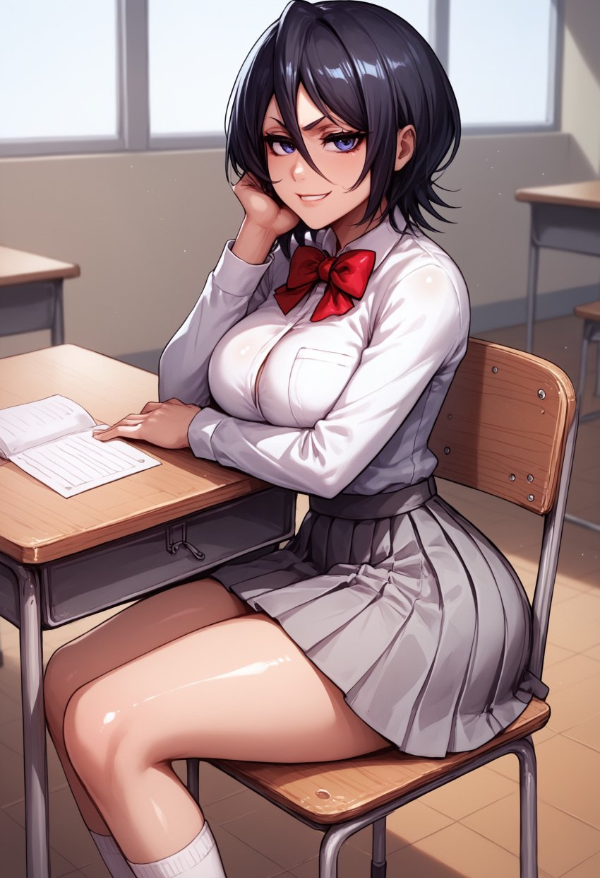 1boy 1girls ai_generated ass big_ass big_breasts black_hair bleach clothing female female_focus kikia1 kimono kuchiki_rukia patreon pussy school_uniform short_hair tagme tagme_(artist)