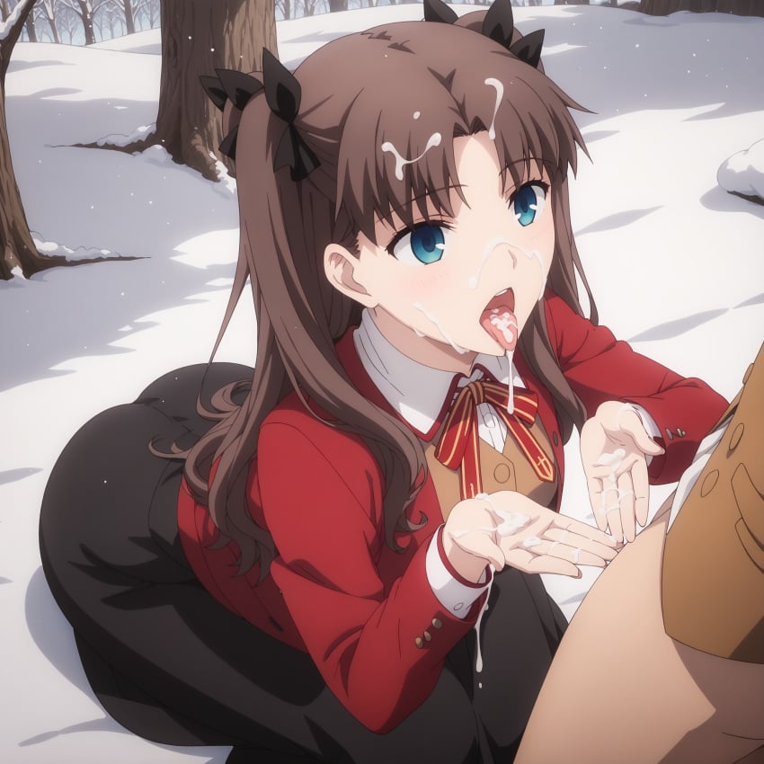 after_fellatio after_oral ass ass_up big_ass blue_eyes brown_hair cum_in_mouth cum_on_breasts cum_on_face cum_on_hand facial fate/stay_night fate_(series) matou_shinji school_uniform schoolgirl storb tohsaka_rin tongue tongue_out twintails