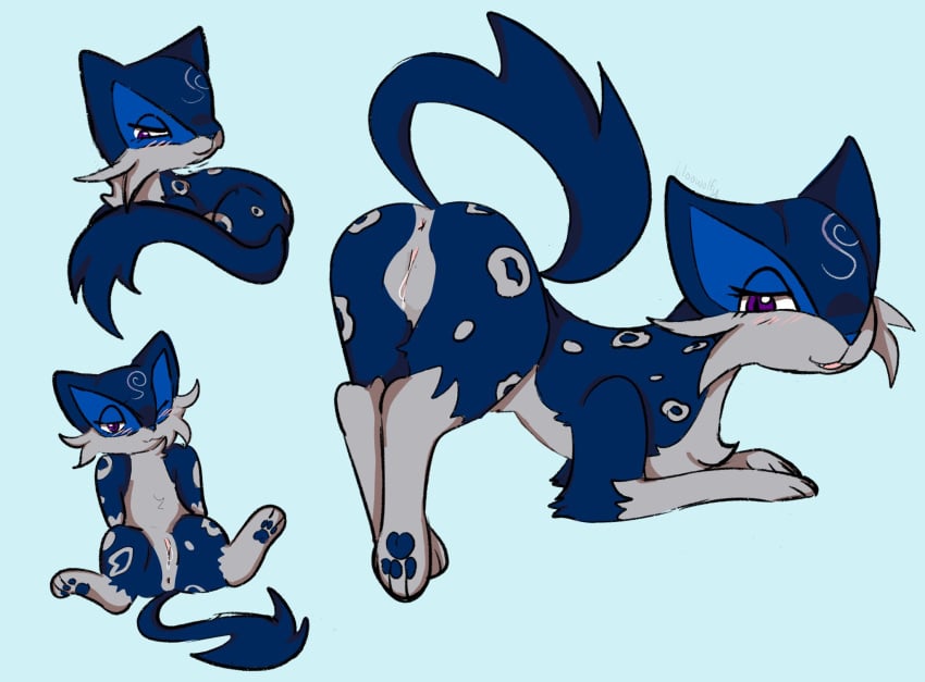 2022 anus bloowolfy blue_background blue_body blue_fur felid feline female feral fur generation_5_pokemon genitals hi_res liepard mammal nintendo pokemon pokemon_(species) pussy simple_background smile solo