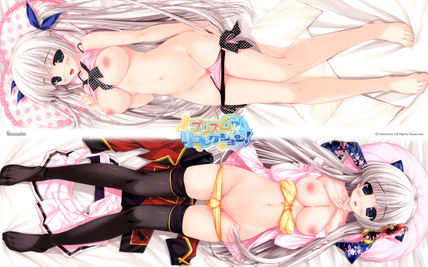 ashwin_aina bed blush bra breasts clochette long_hair nipples open_clothes open_shirt panties panty_pull prism_recollection pussy_juice shintarou shirt swimsuit thighhighs tied_hair twintails uncensored underwear white_hair