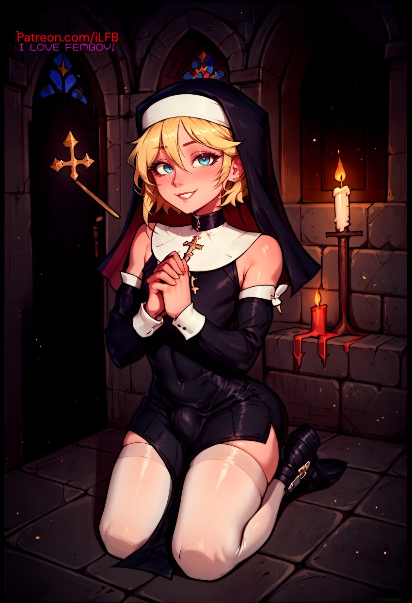 1boy ai_generated blonde_hair boots bulge bulge_through_clothing femboy flat_chest ilfb kneeling looking_at_viewer male male_only praying religion short_hair solo tagme thighhighs trap