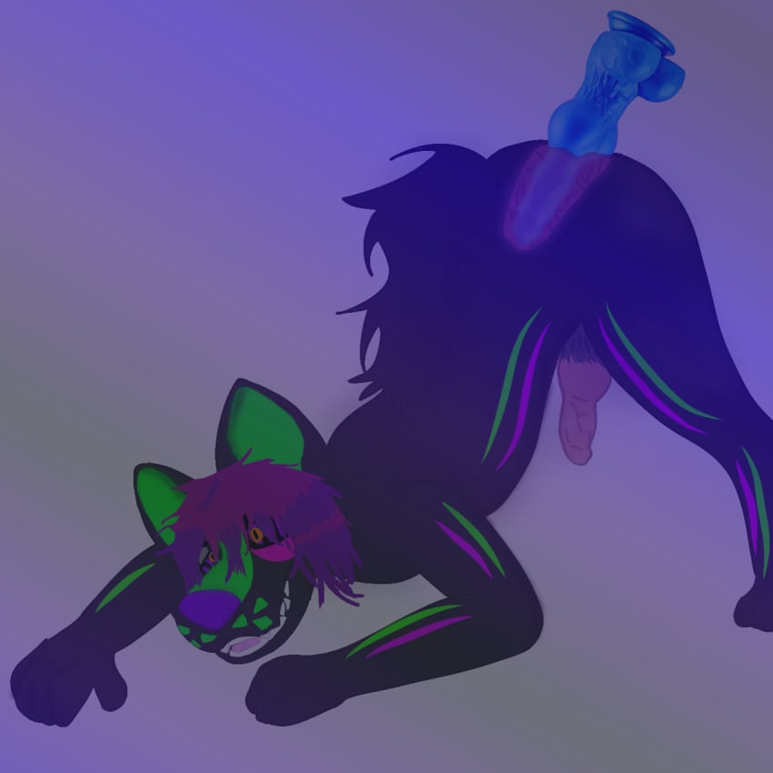 anal_sex ass_up black_eyes blue_knot cum cum_drip cum_on_floor dildo dildo_in_ass dildo_penetration furry_only gray_fur green_fur green_markings knot orange_eyes pink_fur pink_hair pink_markings purple_eyes purple_hair