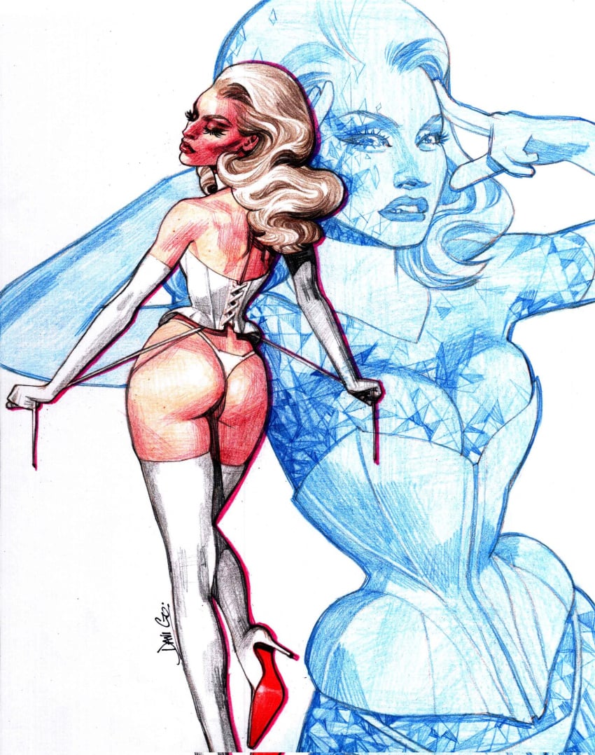 ass blonde_female blonde_hair bubble_butt corset davi_go diamond_(gem) diamond_form emma_frost female hellfire_club marvel marvel_comics panties thong thong_panties white_queen x-men