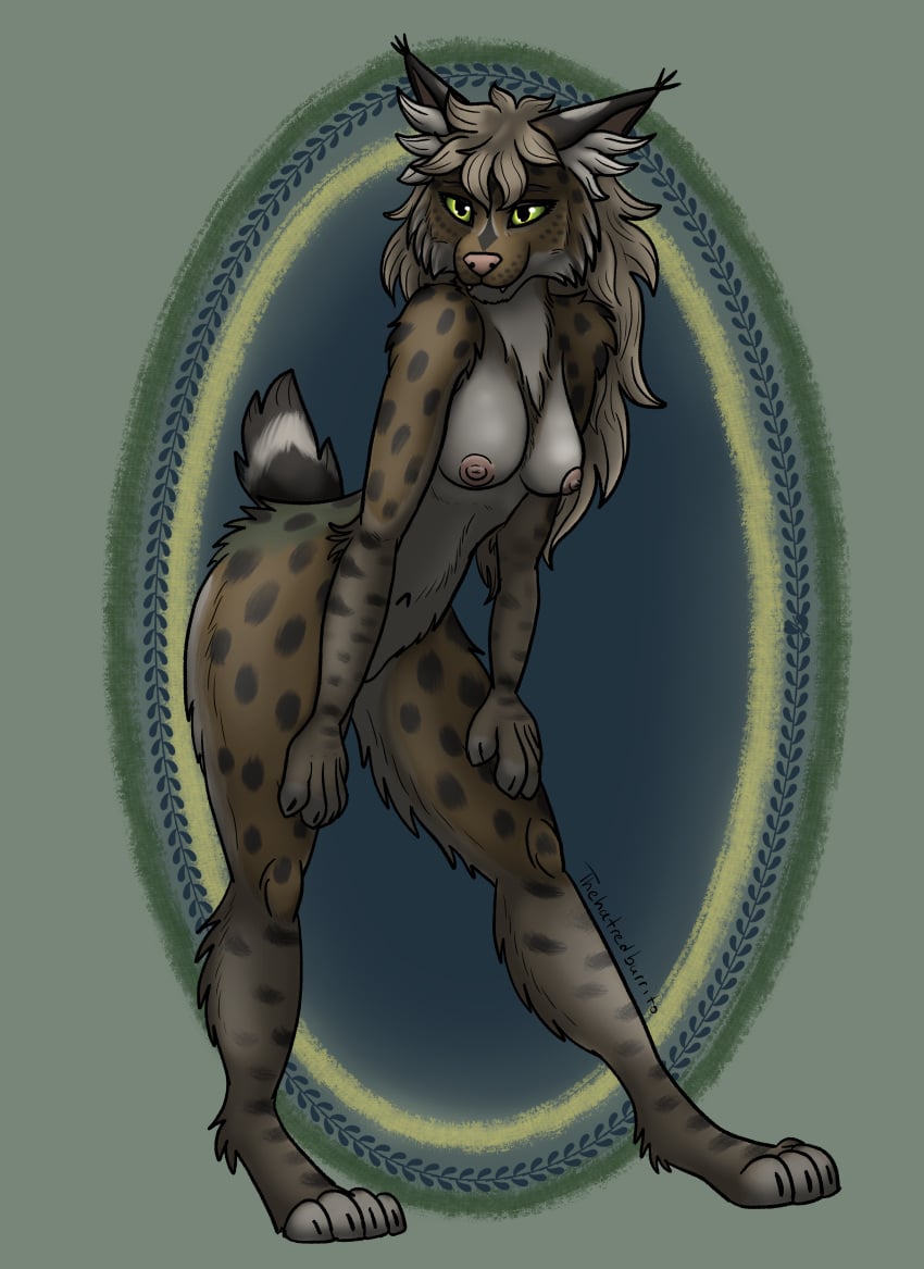 absurd_res anthro bobcat breasts brown_body brown_fur cheek_tuft facial_tuft felid feline female fur green_body green_eyes green_fur hair hi_res long_hair lynx mammal markings navel nipples pinup pose short_tail solo spots spotted_body spotted_fur tail thehatredburrito tuft tufted_ears