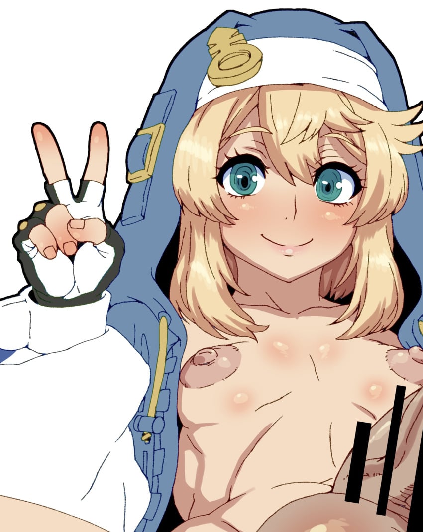 balls blue_eyes breasts bridget censor_bar guilty_gear lovelasu peace_sign penis small_breasts tagme