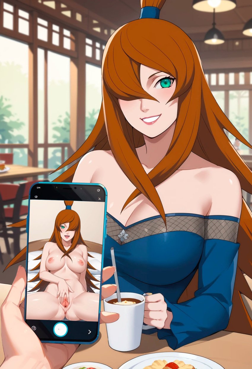 1boy 1girls ai_generated big_breasts blush brown_hair busty cellphone chair cleavage clothing coffee coffee_mug completely_nude completely_nude_female convenient_arm date dress drink fishnets food green_eyes grin hair_bun hair_over_one_eye holding_object indoors light-skinned_female light_skin long_hair looking_at_viewer male_pov mature mature_female mei_terumi milf mug narugirlshot naruto naruto_(series) naruto_shippuden naughty naughty_face naughty_smile no_bra nude nude_female partial_male people_in_background pov pov_hands presenting restaurant seducing sending_nudes sending_photo sitting solo solo_focus table teasing teasing_viewer topknot upper_body very_long_hair vest white_skin