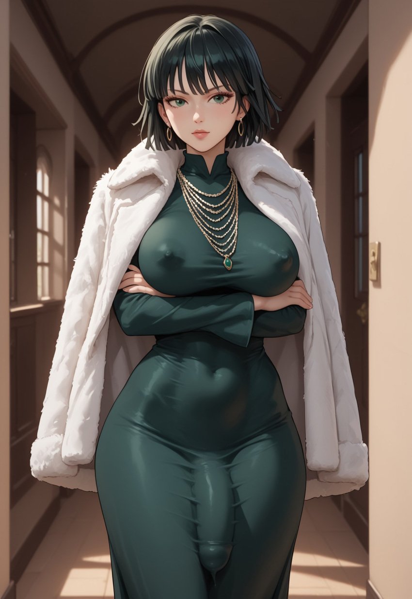 1futa 2d ai_generated bangs big_ass big_breasts big_penis black_hair breasts bulge civitai closed_mouth coat coat_on_shoulders covered_navel crossed_arms dress earrings flaccid_penis fubuki_(one-punch_man) fur_coat futanari green_dress green_eyes indoors jacket_on_shoulders jewelry large_ass large_breasts large_penis light_skin lips looking_at_viewer necklace nipple_bulge nipples nipples_visible_through_clothing one-punch_man penis penis_under_clothes penis_under_dress santopati self_upload slim_waist solo thick_thighs visible_penis_shape wide_hips