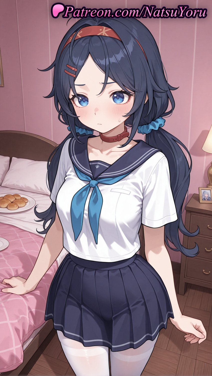 1girls ahoge ai_generated anime anime_style bangs bed bedroom black_hair black_skirt blue_eyes blue_hair blue_neckerchief blue_scrunchie blush breasts bust busty choker closed_mouth clothing collar collarbone cookie cowboy_shot crazy_mita_(miside) female female_focus female_only food hair_ornament hair_scrunchie hairband hairclip hentai hi_res high_quality high_resolution highres indoors lamp long_hair looking_at_viewer low_twintails medium_breasts miside mita_(miside) natsuyoru neckerchief on_bed pantyhose parted_bangs patreon pillow plate pleated_skirt red_choker red_hairband sailor_collar sailor_uniform school_uniform scrunchie serafuku shirt short_sleeves skirt solo solo_female standing sweatdrop thighband_pantyhose thighhighs twintails voluptuous voluptuous_female white_legwear white_pantyhose white_shirt white_thighhighs