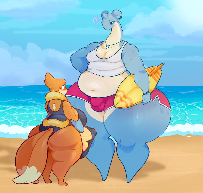 1_horn 2024 2_tails anthro anthrofied armband artist_name ass balls beach belly big_balls big_belly big_breasts big_butt big_penis black_markings blue_body blue_skin blush bodily_fluids breasts bulge canid canine clothed clothing cloud colored detailed_background digital_drawing_(artwork) digital_media_(artwork) dozighost duo english_text erection erection_under_clothing feet floatzel fur furgonomics generation_1_pokemon generation_4_pokemon genitals glistening glistening_belly glistening_body glistening_butt glistening_moobs glistening_thighs gynomorph head_tuft hi_res holding_object horn huge_butt huge_thighs intersex jewelry lapras larger_anthro larger_male male mammal markings moobs multi_tail multicolored_body multicolored_fur navel necklace nintendo orange_body orange_fur overweight overweight_anthro overweight_male penis piercing pokemon pokemon_(species) pokemorph portrait question_mark sand shaded shark_tooth_necklace shirt signature size_difference sky smaller_anthro smaller_gynomorph smaller_intersex speech_bubble spots spotted_body standing surfboard sweat sweatdrop swimming_trunks swimwear tail tan_body tan_fur tan_skin tank_top teeth tenting text thick_penis thick_thighs topwear tuft two_tone_body two_tone_tail undersized_clothing underwear water wide_hips