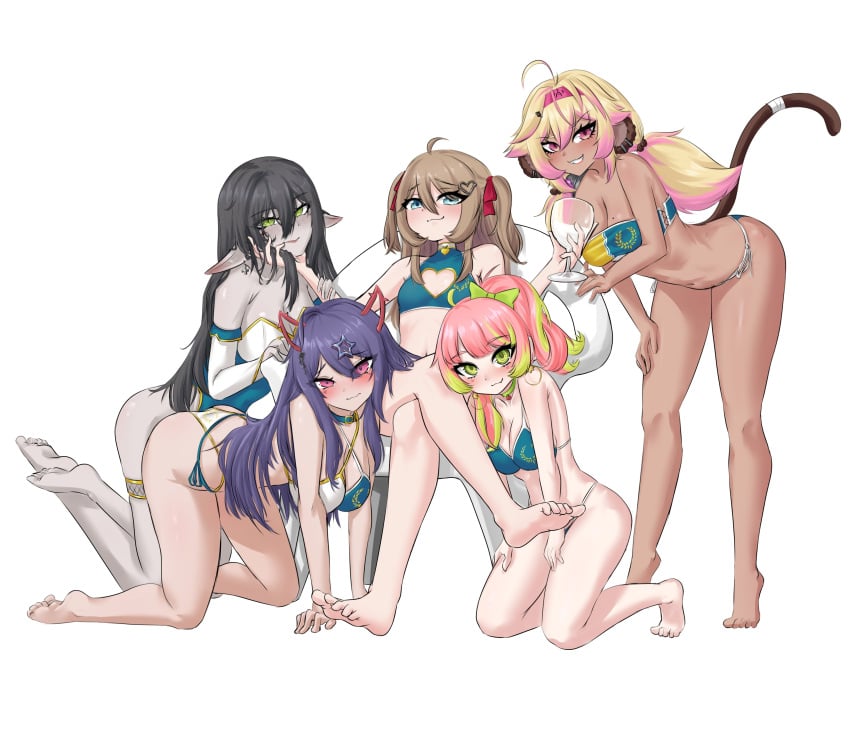 2025 5girls akuma_nihmune all_fours barefoot bent_over bikini face_grab female_only group harem holding_object kneeling kokonuts layna_lazar lesbian_harem milk neuro-sama plastic_chair poundland ritspi sitting smug toma_(vtuber) virtual_youtuber vtuber white_background wine_glass yuri_harem