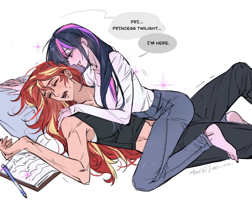 2girls breasts cowgirl_position duo equestria_girls female/female friendship_is_magic looking_at_another lying m_omoo my_little_pony speech_bubble sunset_shimmer talking_to_another twilight_sparkle_(eg) twilight_sparkle_(mlp) yuri