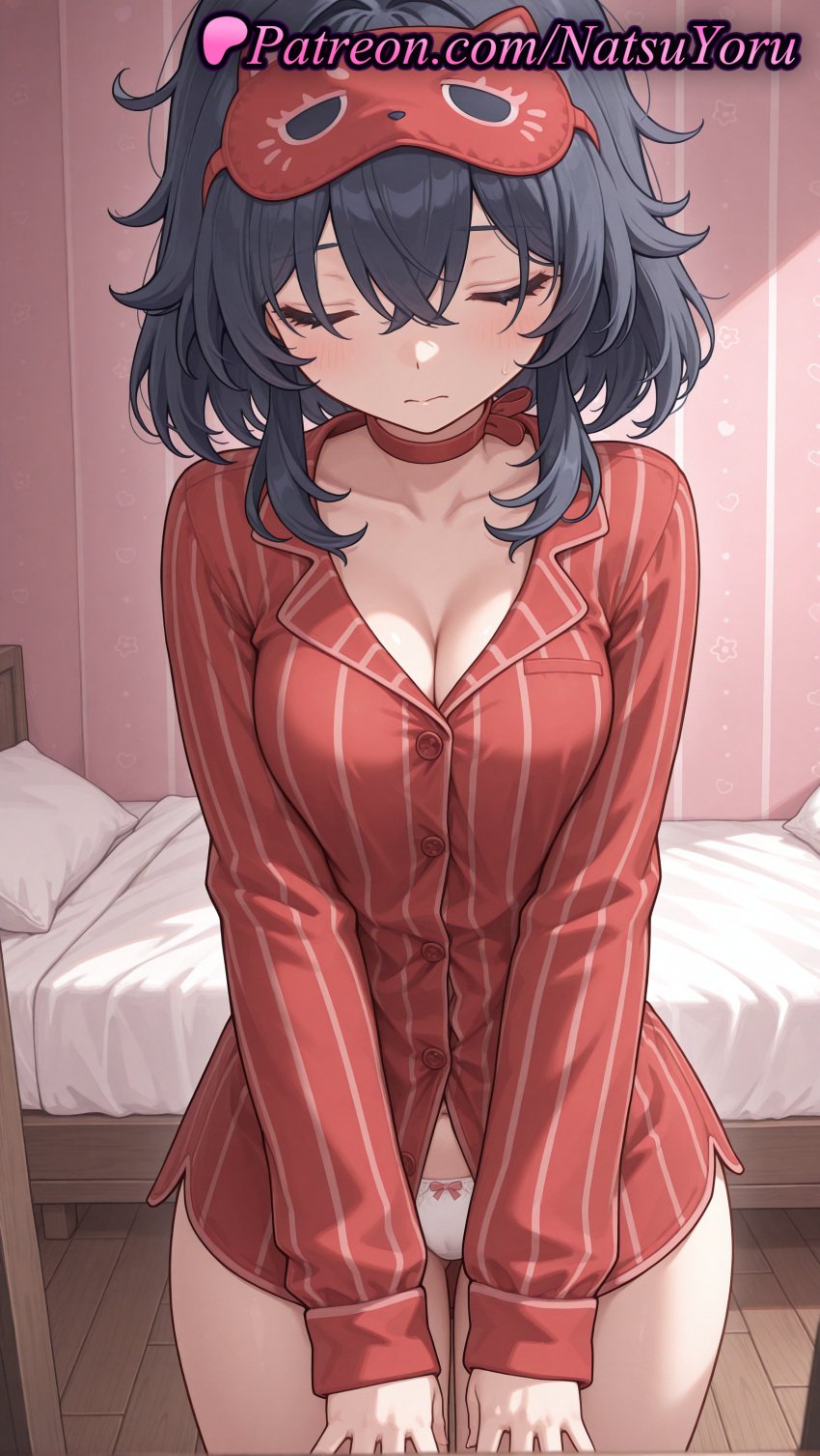 1girls ai_generated anime anime_style asian ass_visible_through_thighs bangs bed bedroom black_hair blue_hair blush bow bow_panties breasts bust busty choker cleavage closed_eyes closed_mouth clothing collarbone cowboy_shot crossed_bangs east_asian eye_mask facing_viewer female female_focus female_only female_solo hair_between_eyes hentai hi_res high_quality high_resolution highres indoors large_breasts long_sleeves mask mask_on_head medium_breasts medium_hair messy_hair miside mita_(miside) natsuyoru no_pants pajamas panties pantsu patreon pillow red_choker red_shirt shirt short_hair sleep_mask sleepy_mita_(miside) solo solo_female standing striped striped_clothes striped_shirt thigh_gap thighs underwear vertical-striped_shirt vertical_stripes voluptuous voluptuous_female white_panties wooden_floor