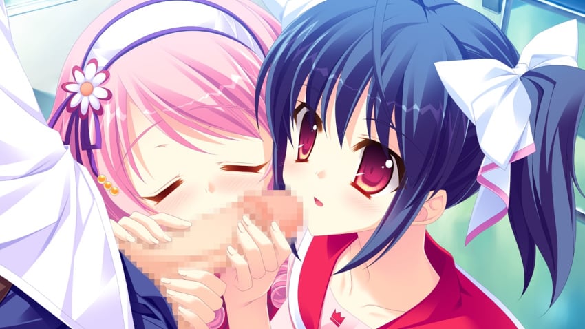 16:9 1boy 2girls blue_hair blush censored closed_eyes collaborative_fellatio collarbone double_fellatio double_handjob fellatio game_cg handjob hasegawa_yukino iinazuke_wa_imouto-sama! long_hair mosaic_censoring multiple_fellatio multiple_girls penis pink_hair red_eyes teamwork two-handed_handjob usami_haruka_(iinazuke_wa_imouto-sama!) usami_yuuna