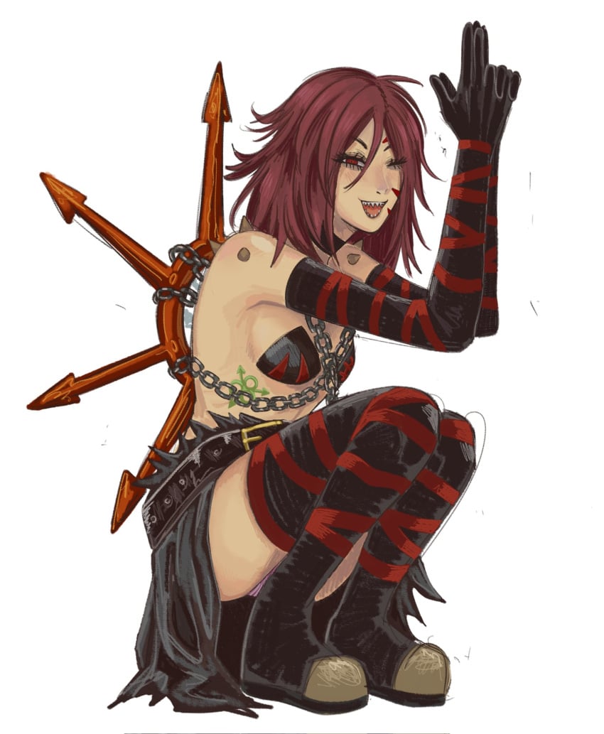 1girls belt black_footwear borrowed_character clothed cultist-chan elbow_gloves female finger_gun kancho looking_at_viewer pagansp1der red_eyes red_hair sharp_teeth shoulder_spikes showgirl_skirt small_breasts solo spikes squatting thigh_boots thighhighs warhammer_(franchise) warhammer_40k wink