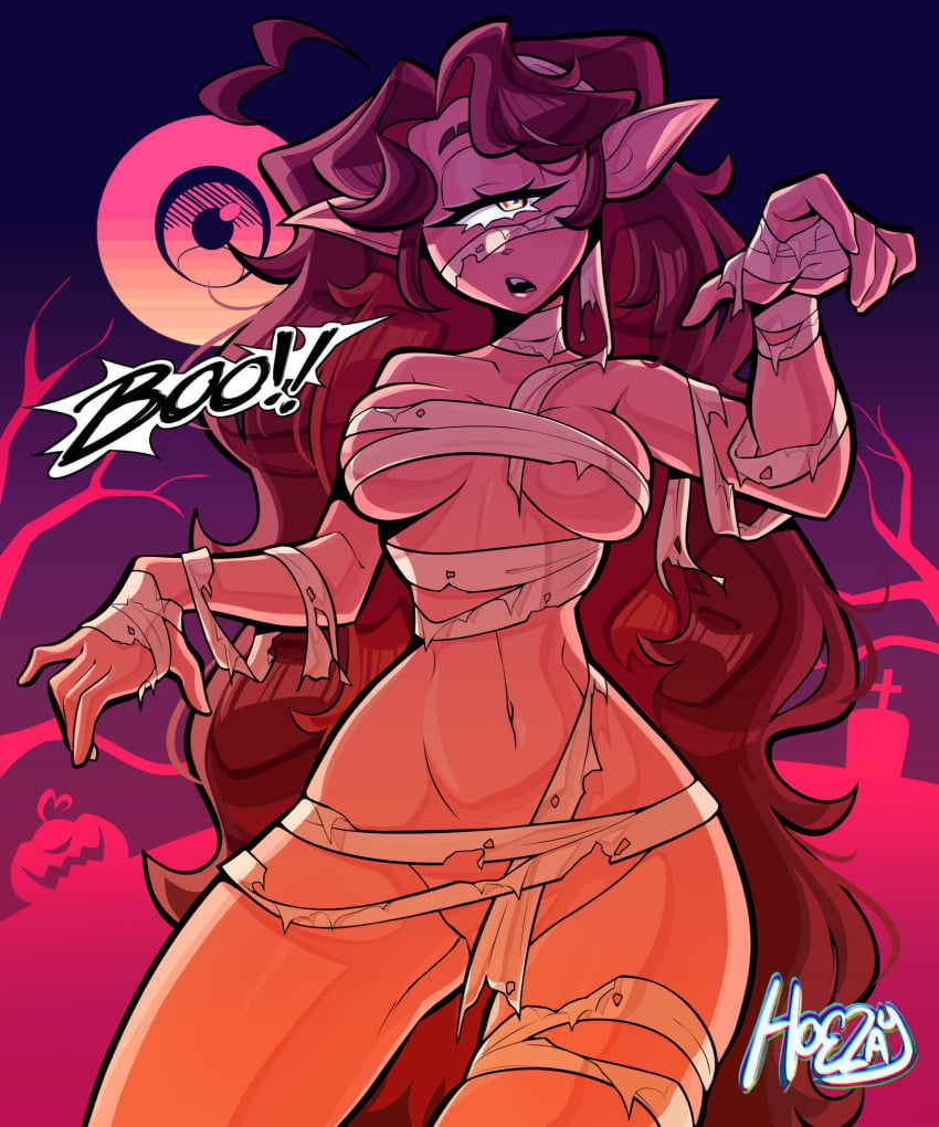 1girls barely_clothed belly_button cyclops female hoezayburger mummy_costume nude tagme text