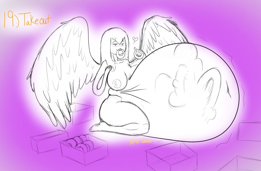 1boy 1girls adventure_time angel angel_pred angel_wings belly big_belly big_breasts breasts erection female_pred finn_the_human guardian_angel_(adventure_time) huge_belly human_prey male_prey masturbation milf milf_pred nude nude_female penis_imprint smile suneater_(artist) thick_thighs vore vore_belly willing_pred willing_prey willing_vore wings