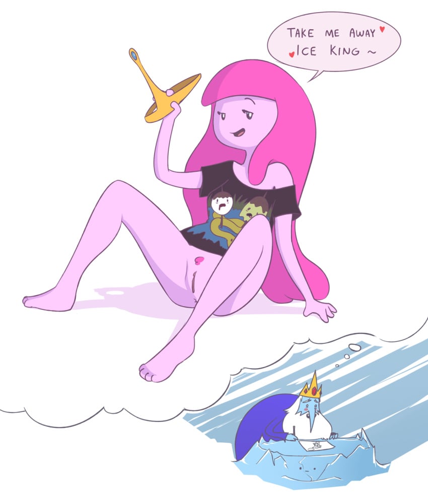 adventure_time blush bottomless cartoon_network crown dialog fatalfox female ice_king male nude presenting princess_bubblegum pussy text