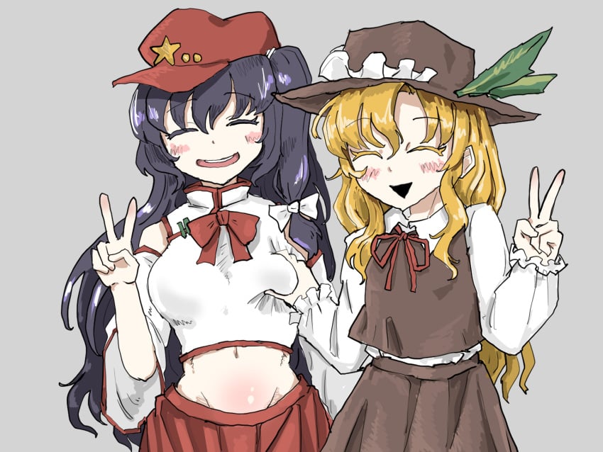 2girls belly belly_button big_breasts black_hair blonde_female blonde_hair blush blushing breast_squeeze breasts clothed fully_clothed hat headwear hi_res highres jacket_girl_(dipp) junerain label_girl_(dipp) peace_sign smile touhou v yuri