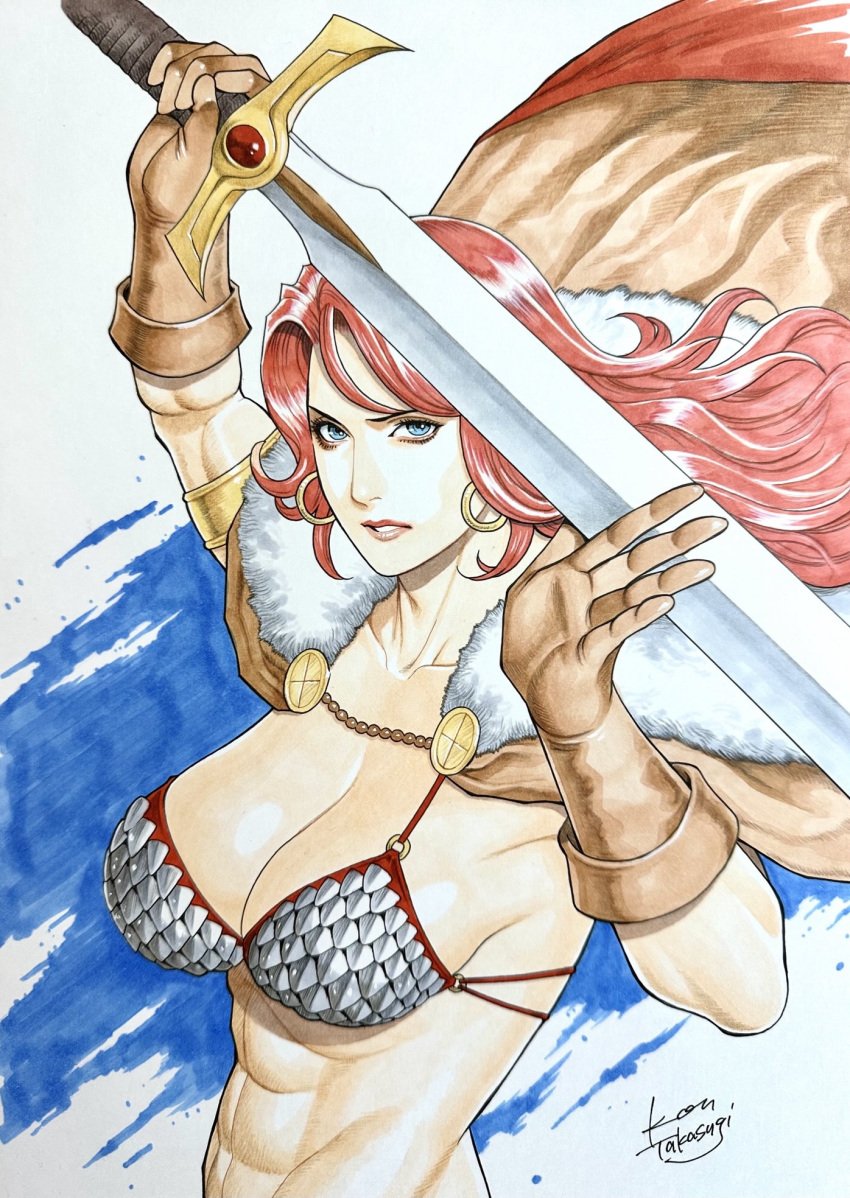 1girls abs arms_up artist_name big_breasts bikini bikini_top_only blue_eyes breasts busty cape character_request cleavage female female_only gloves large_breasts long_hair looking_at_viewer navel parted_lips red_hair red_lips seductive_look sideboob swimsuit sword takasugi_kou traditional_media voluptuous weapon