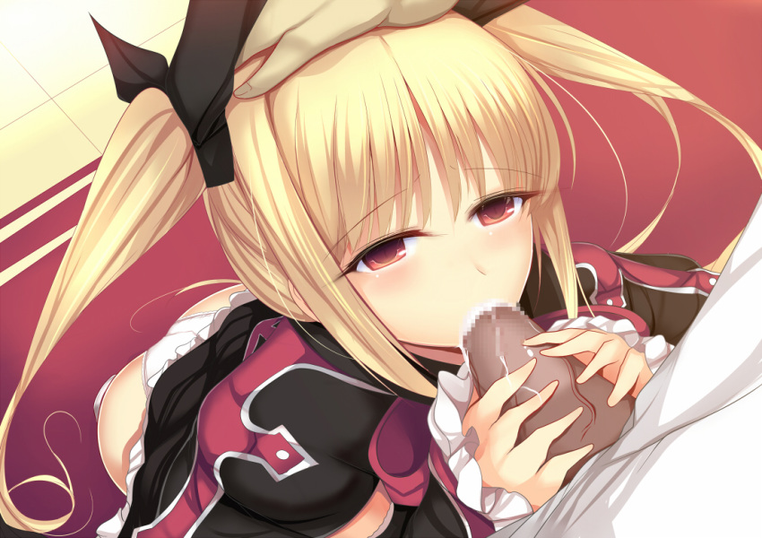 1boy blazblue blonde_hair blush censored daiaru detached_sleeves dress fellatio female frills hand_on_head kneeling long_hair mosaic_censoring oral panties penis rachel_alucard red_eyes solo_focus underwear veins veiny_penis