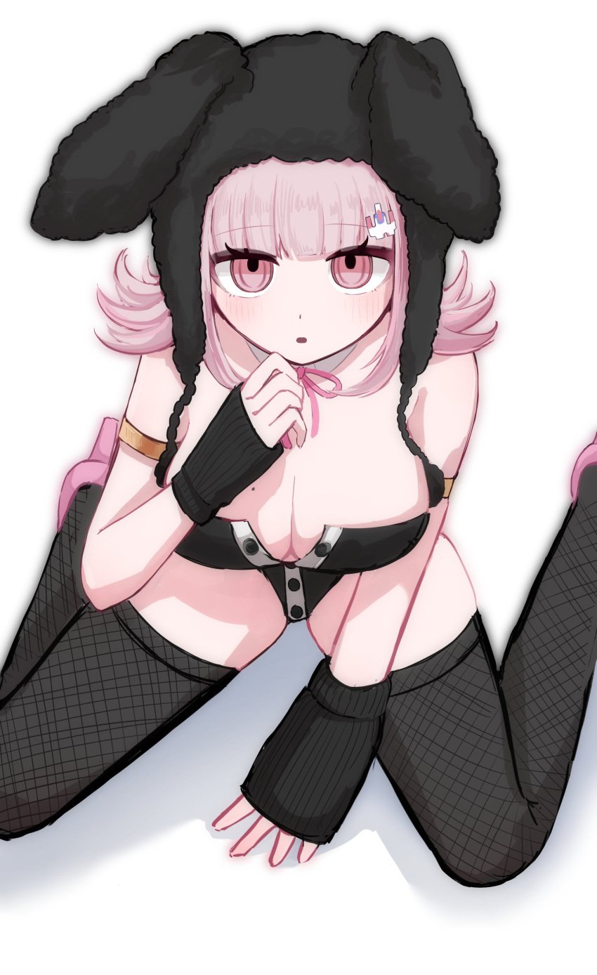 1girls artist_request big_breasts bunny_ears bunny_girl bunnysuit danganronpa danganronpa_2:_goodbye_despair fishnet_legwear fishnets looking_up mole mole_on_breast nanami_chiaki nya_nanjr pink_eyes pink_hair short_hair sole_female tagme thick_hips thick_thighs thighhighs thighs