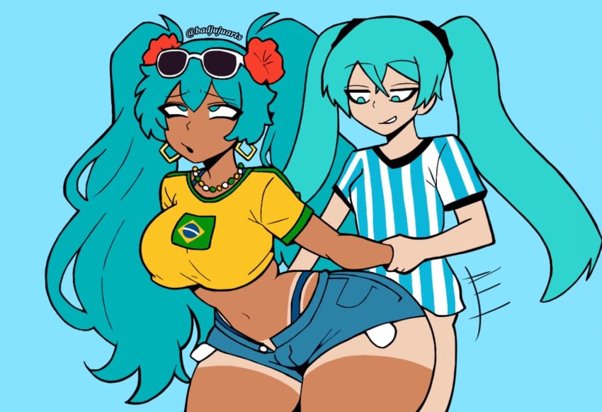 1futa 1girls ambiguous_penetration argentinian_miku ass ass_focus bad_anatomy badjujuarts big_ass big_breasts blue_eyes blue_hair bottomless brazilian brazilian_miku breasts clothed clothed_sex futa_on_female futanari hatsune_miku implied_futanari self_fuck self_fucking selfcest sex sex_from_behind shorts smug tan_body tan_skin thick thick_ass thick_thighs thong twintails