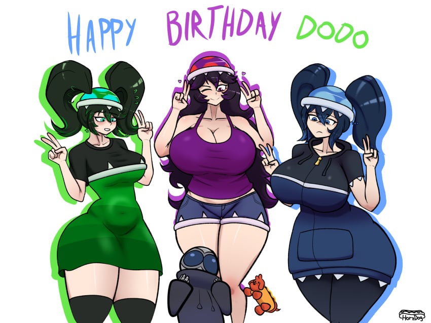 1boy 3girls alternate_version_available big_breasts black_hair breasts clothed female frown happy_birthday horndog_(artist) male mario_(series) one_eye_closed original piranha_plant piranha_plant_girl smile vexin_(dodo-bot) wink