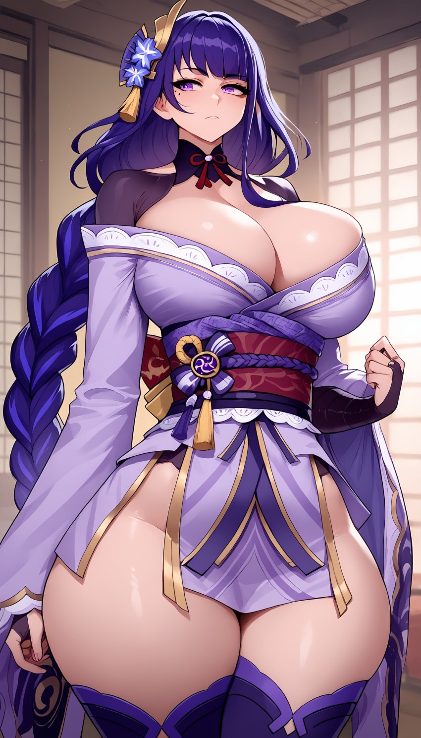 1girls ai_generated ass big_breasts breasts child_bearing_hips female female_focus genshin_impact hips huge_ass huge_breasts large_breasts purple_eyes purple_hair raiden_shogun thick_thighs thighs wide_hips