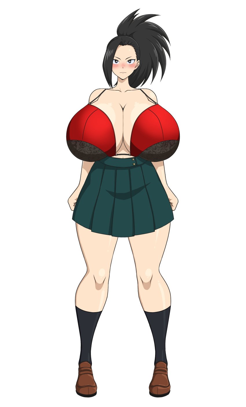 1girls big_breasts black_eyes black_hair black_socks blush boku_no_hero_academia bra huge_breasts momo_yaoyorozu my_hero_academia pinup red_bra serious sihkygmojsn skirt standing