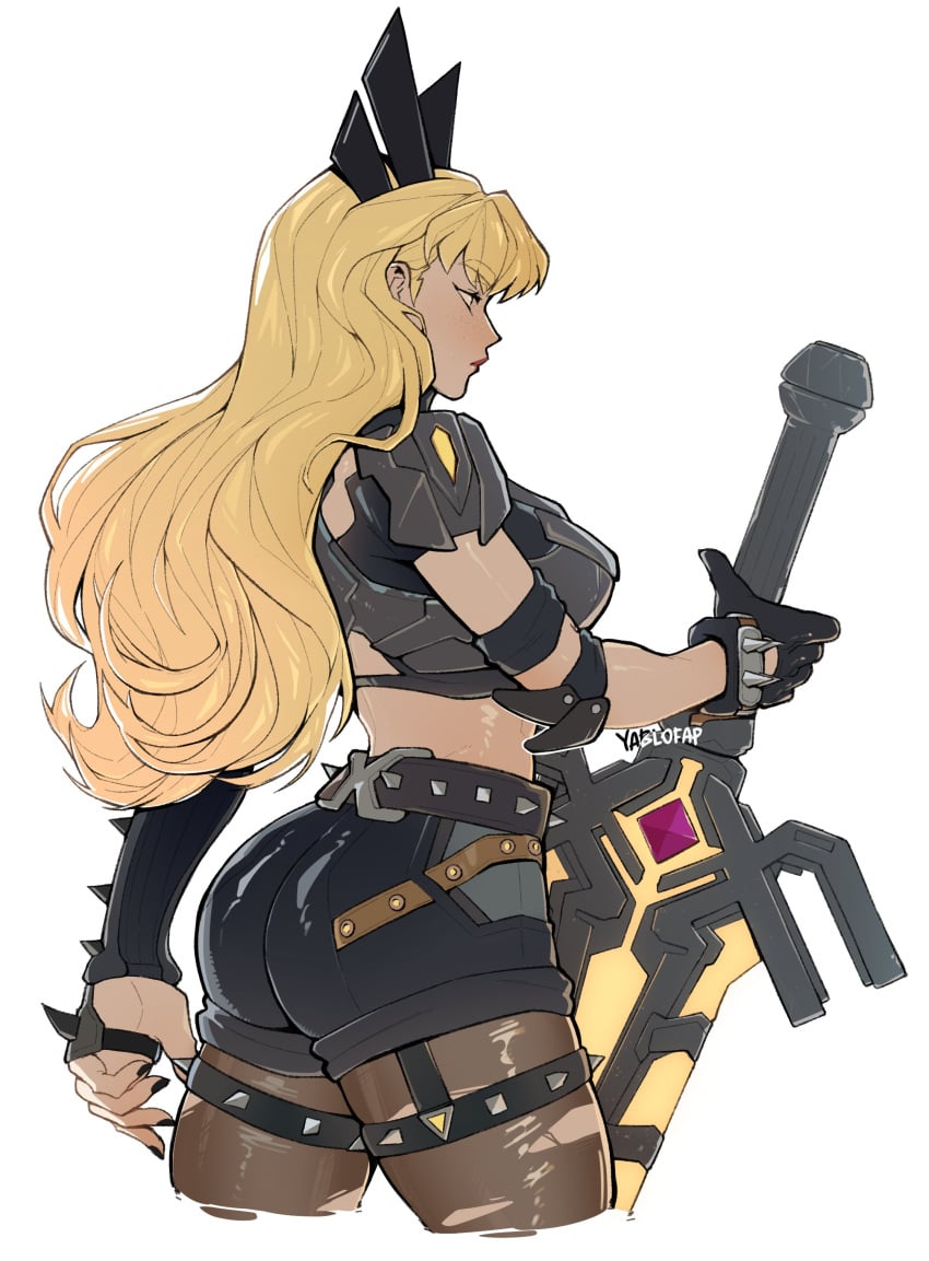 absurdres alohapz ass black_gloves blonde_hair blue_eyes breasts cleavage cleavage_cutout clothing_cutout crop_top female gloves highres holding holding_sword holding_weapon huge_weapon illyana_rasputina long_hair magik_(x-men) marvel marvel_rivals pantyhose short_shorts shorts solo sword torn_clothes torn_pantyhose weapon x-men