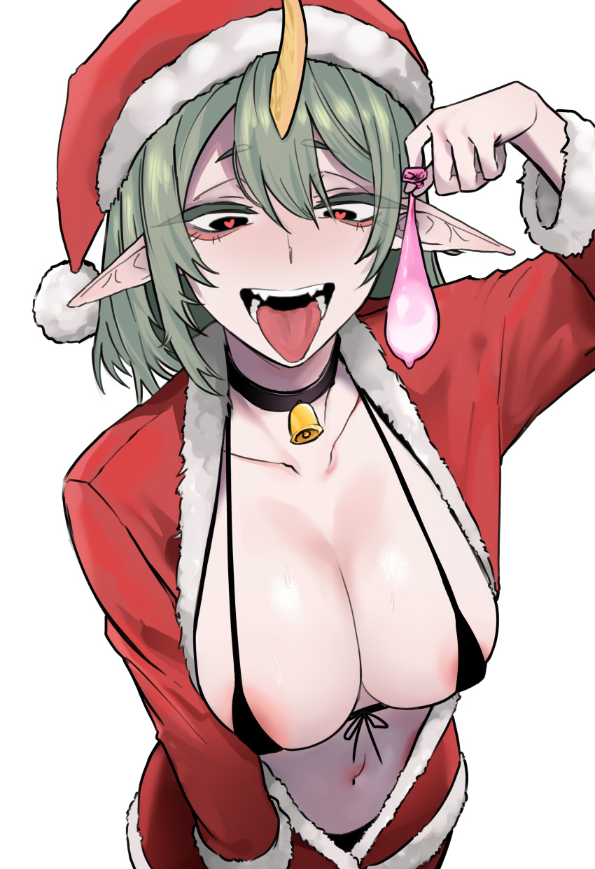 1_horn :p absurdres alternate_costume bikini black_bikini breasts cleavage condom cowboy_shot cum fangs female green_hair hair_between_eyes hat heart heart-shaped_pupils highres holding holding_condom horns large_breasts league_of_legends navel pointy_ears red_hat santa_hat simple_background smile soraka_(league_of_legends) star_guardian_soraka swimsuit symbol-shaped_pupils teeth tongue tongue_out used_condom yulisae