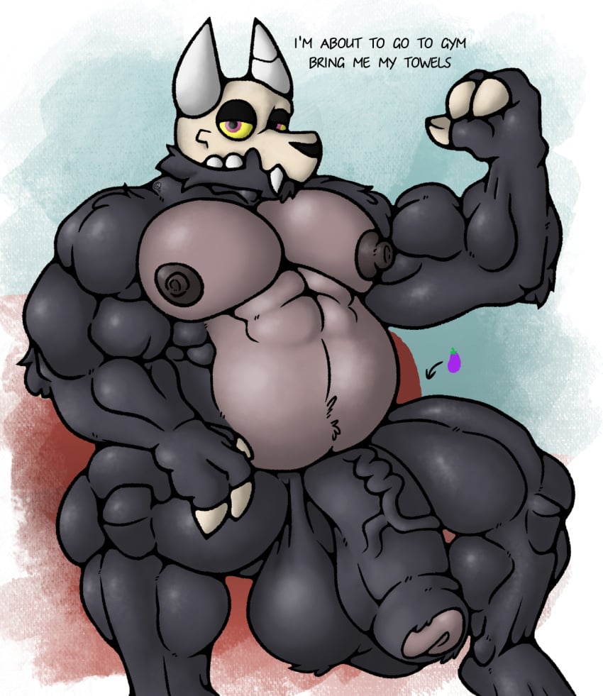 abs anthro balls belly big_muscles big_pecs bone breasts broken_horn canid canid_demon canine claws demon digital_media_(artwork) disney english_text erection fur genitals gin98 hi_res horn huge_muscles huge_pecs huge_thighs king_clawthorne looking_at_viewer male male/male mammal moobs muscular muscular_anthro muscular_male nipples nude overweight overweight_anthro overweight_male pecs penis simple_background skull skull_head solo teeth text the_owl_house thick_thighs titan_(the_owl_house) yellow_sclera