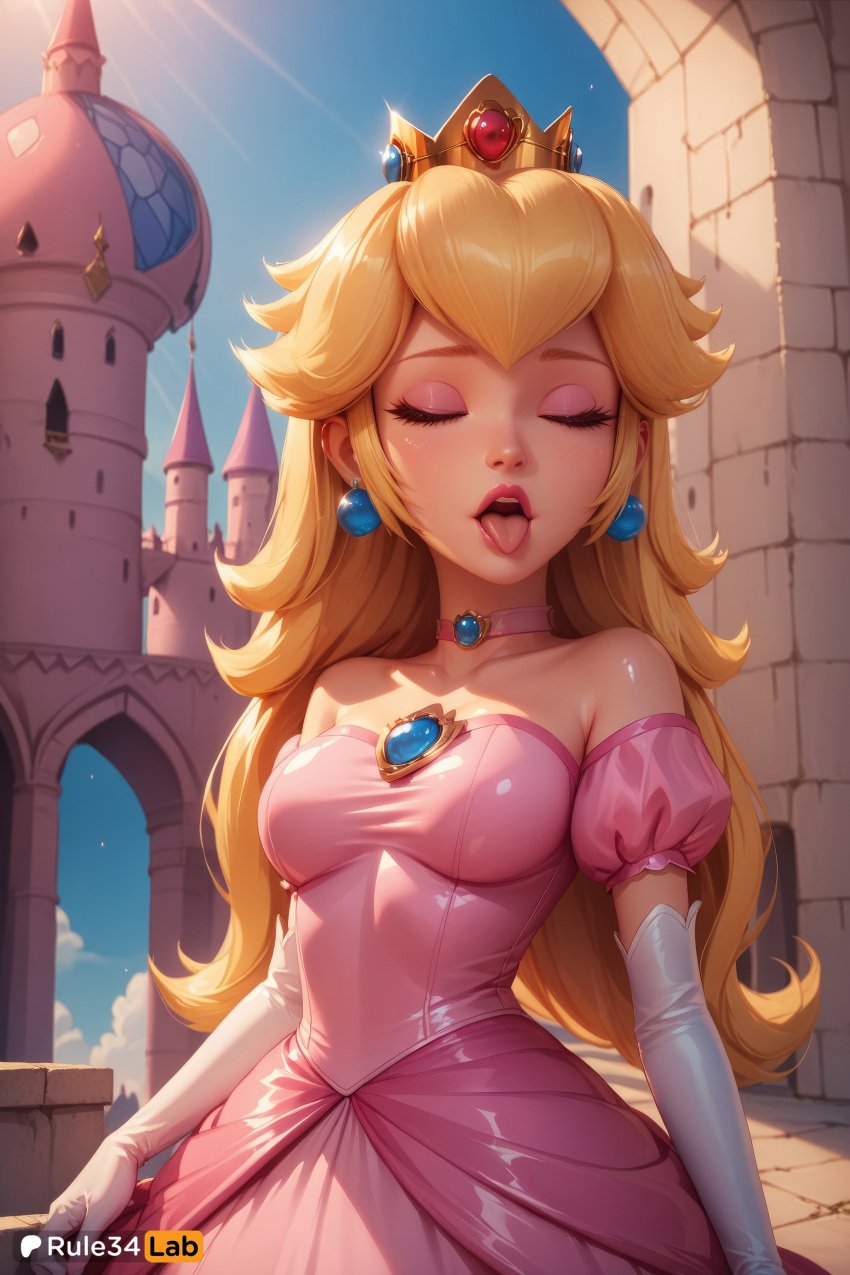 1girls ai_generated artist_name bare_shoulders blonde_hair breasts castle choker closed_eyes collarbone crown day dress earrings elbow_gloves eyeshadow gloves gumroad_username hi_res jewelry lips lipstick long_hair makeup mario_(series) medium_breasts nintendo open_mouth outdoors patreon_username pink_choker pink_dress princess princess_peach puffy_short_sleeves puffy_sleeves rule34lab short_sleeves sky solo sphere_earrings strapless super_mario_bros. teeth tongue tongue_out web_address white_gloves