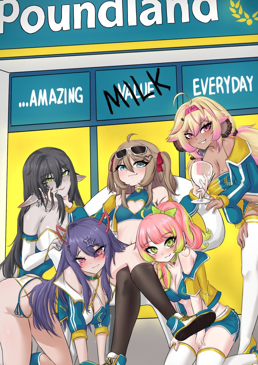 2025 5girls akuma_nihmune all_fours bent_over bikini boots face_grab female_only group harem holding_object jacket kneeling kokonuts layna_lazar lesbian_harem milk neuro-sama plastic_chair poundland ritspi shoes sitting smug store thighhighs toma_(vtuber) virtual_youtuber vtuber wine_glass yuri_harem