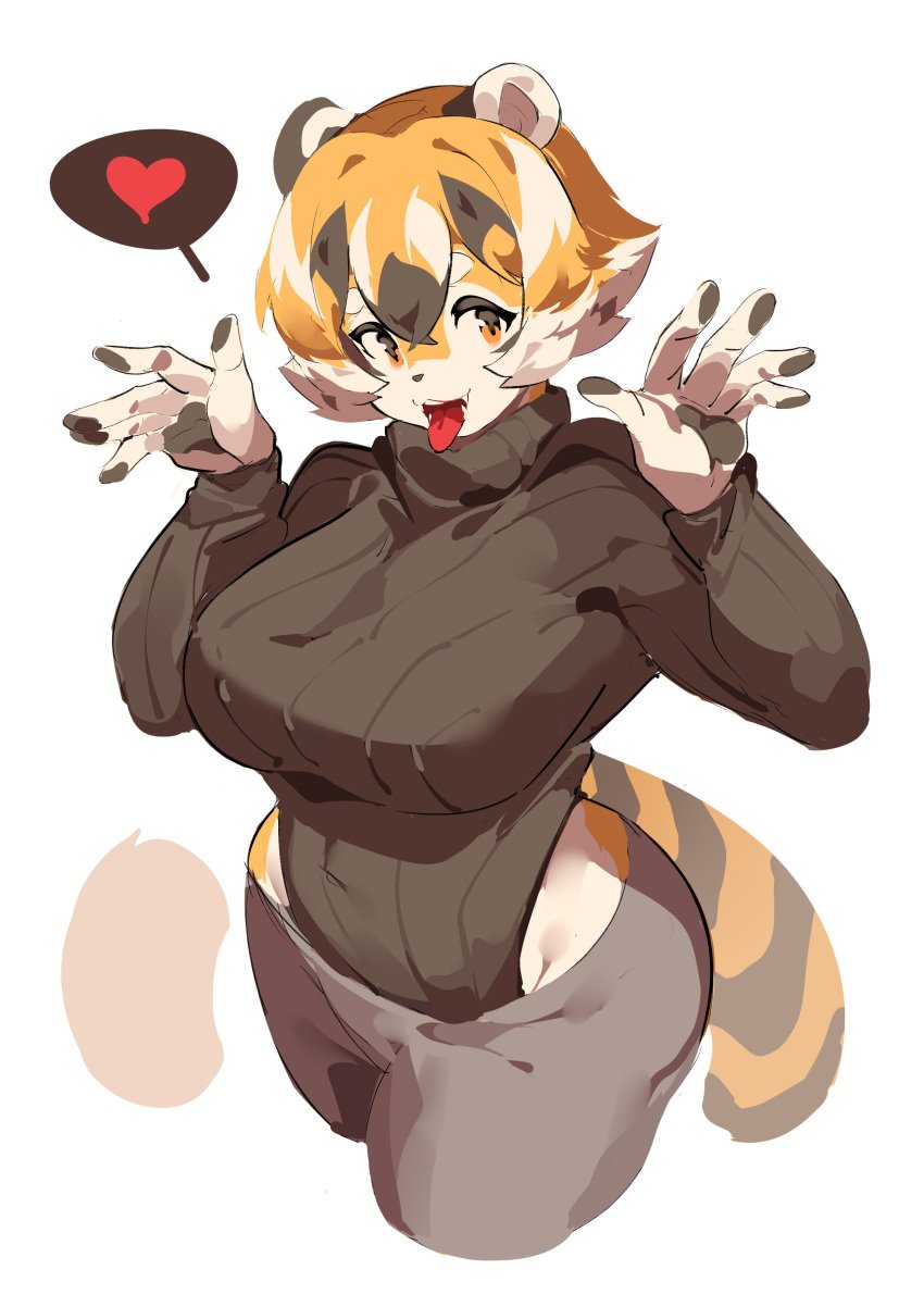 5_fingers anthro big_breasts black_sweater breasts fangs feline female female_focus female_only furry furry_female furry_only heart high_angle huge_breasts mx99926 not_porn paw_hands paws sfw short_hair spoken_heart sweater tagme thick_thighs tiger tiger_girl tongue tongue_out tri_colored_fur wide_hips