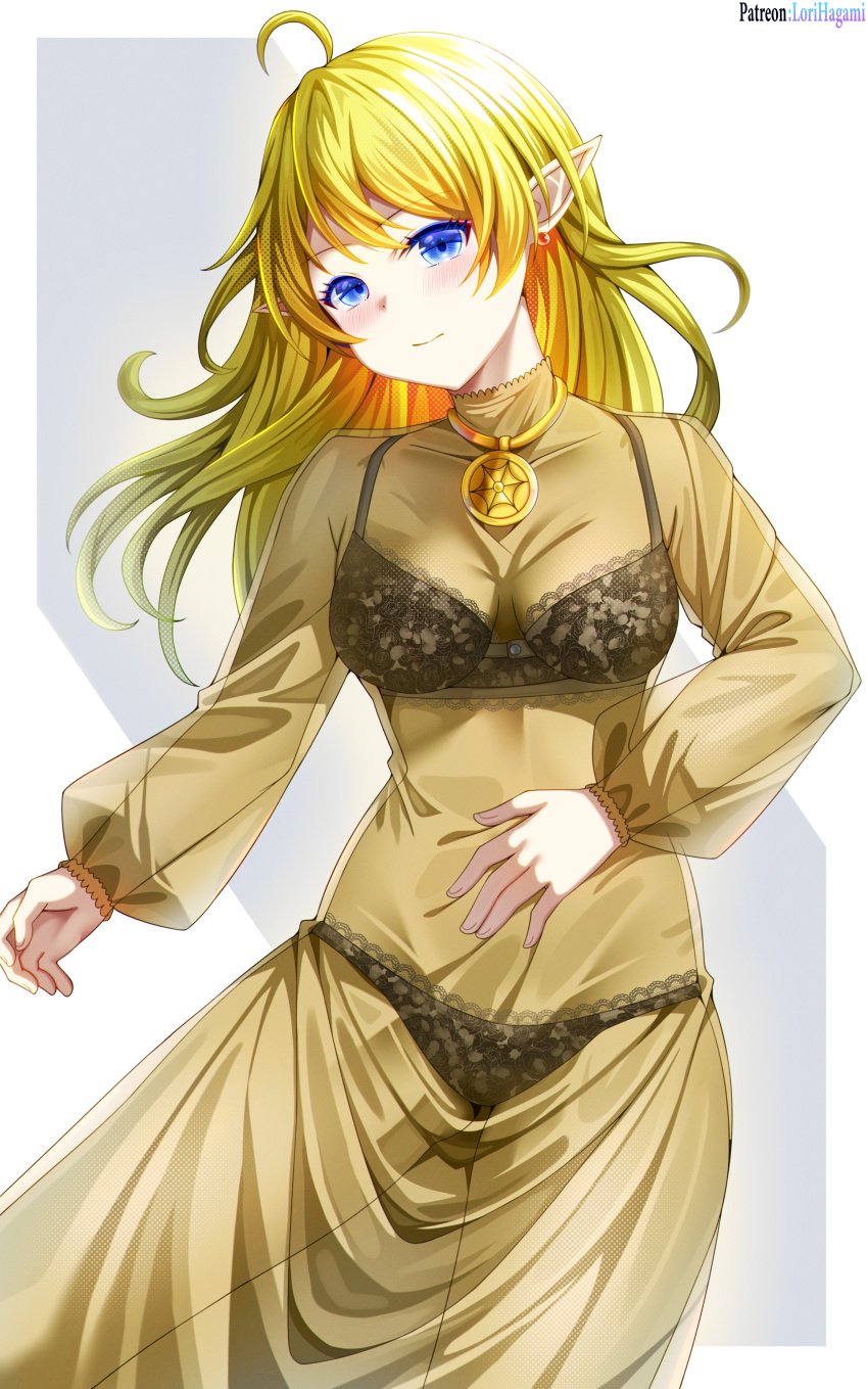 absurdres alternate_breast_size black_bra black_panties blonde_hair blue_eyes bra breasts cleavage commission commissioner_upload elf female highres jewelry long_hair lori_hagami lotte_farona necklace official_art panties pointy_ears see-through_clothes see-through_sleeves small_breasts solo underwear ways_of_darkness_(series)