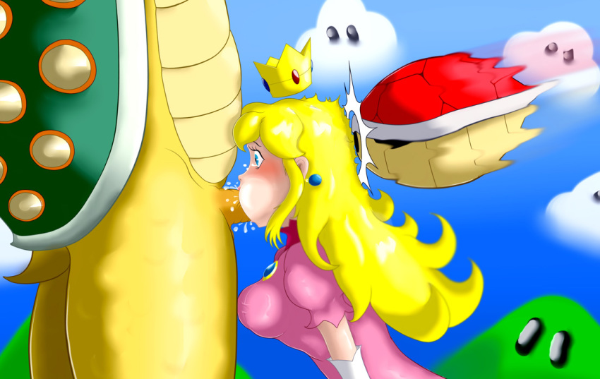 2013 anthro blonde_hair blue_eyes blush bowser breasts crown dragon erection fellatio female hair human hybrid koopa long_hair male mario_(series) nintendo oral oral_sex penis pointsxt princess princess_peach red_shell reptile royalty scalie sex shell spiky_shell super_mario_bros. turtle