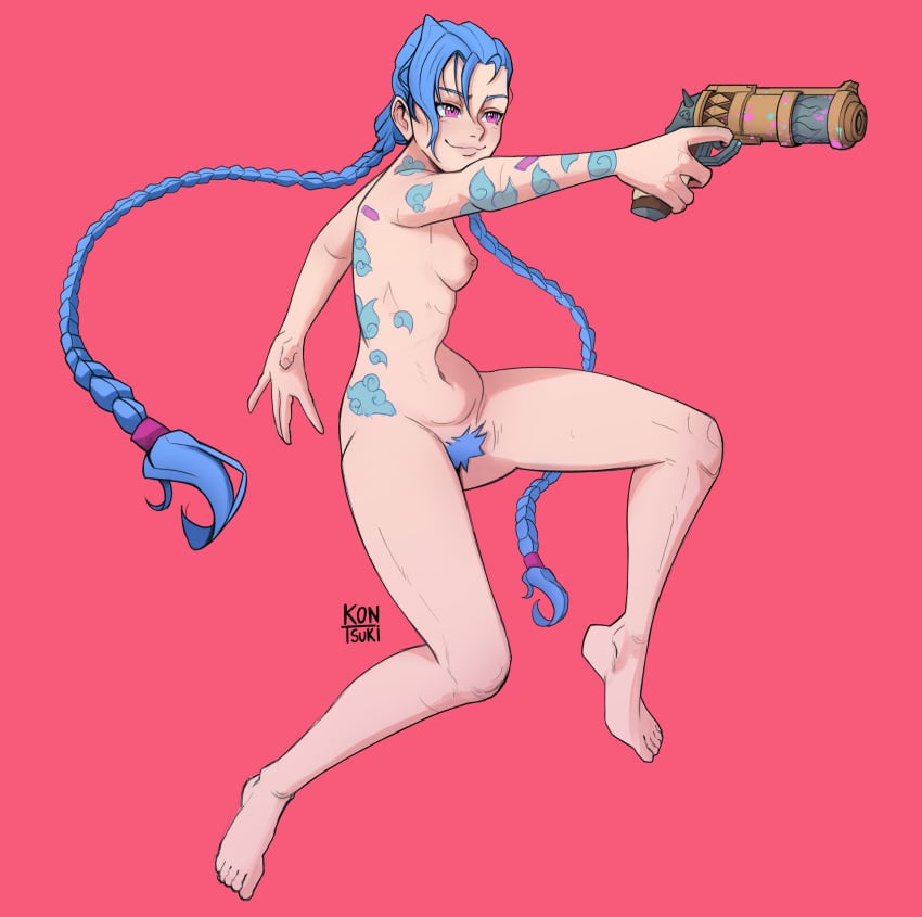 1girls arcane arcane_jinx blue_hair blue_pubic_hair braided_hair breasts completely_nude completely_nude_female jinx_(league_of_legends) kontsuki league_of_legends long_hair naked naked_female nipples nude nude_female pink_eyes pubic_hair riot_games small_breasts tattoo