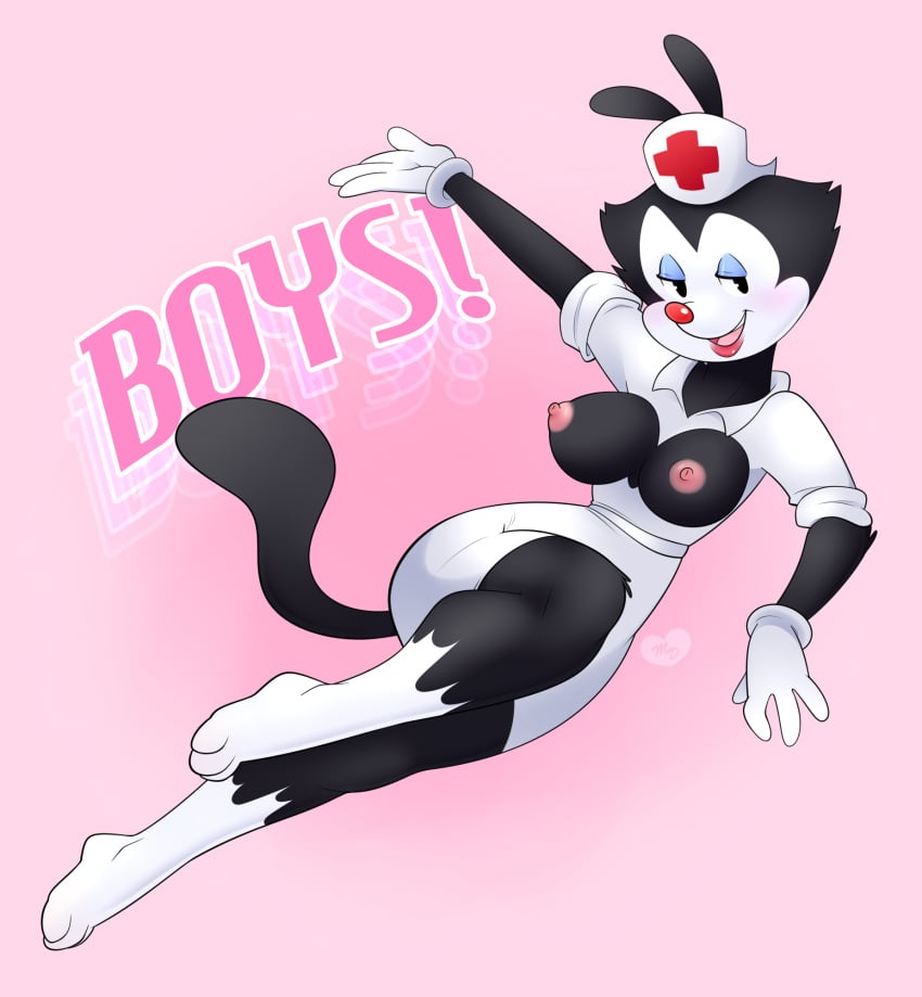 animaniacs animaniacs_(2020) black_fur blush clothed clothing crossed_legs dot_warner felid feline female hi_res lipstick looking_at_viewer makeup mammal minxydoodle nurse solo thick_thighs topless warner_brothers