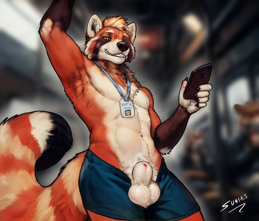 ailurid animal_genitalia anthro balls bus clothed clothing commercial_vehicle fully_sheathed fur genitals green_eyes group hi_res male male_focus mammal navel orange_body orange_fur public_transportation red_panda sheath smile smirk solo_focus sunitai topless vehicle white_body white_fur