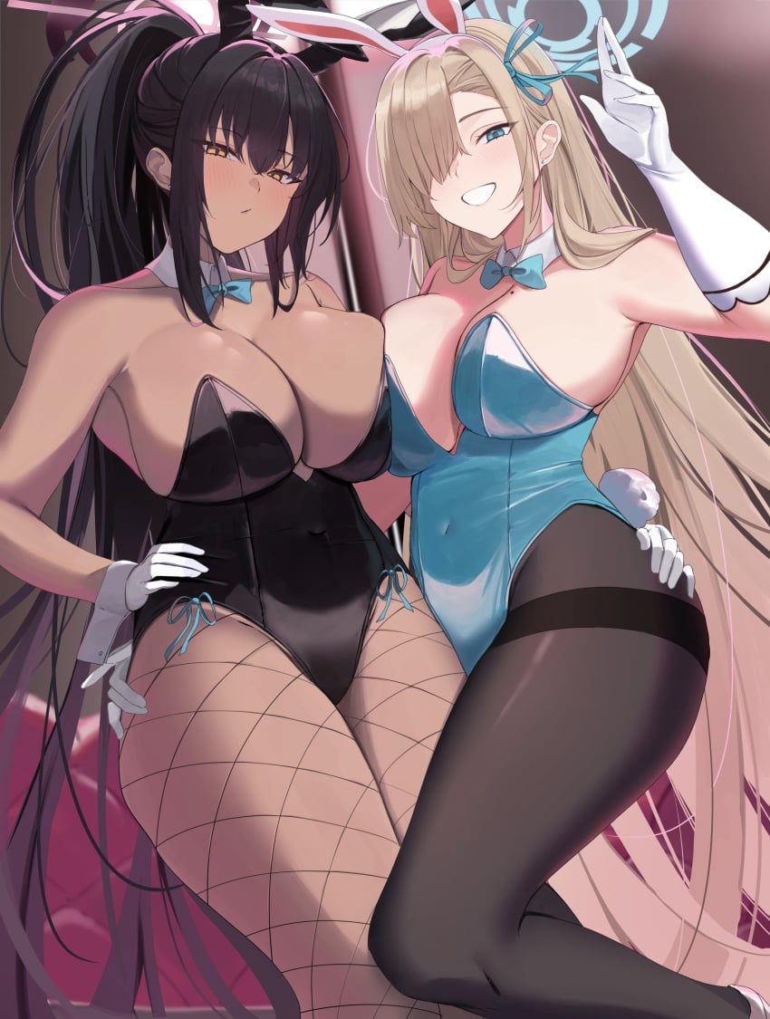 2girls absurdres animal_ears asuna_(blue_archive) asuna_(bunny)_(blue_archive) bare_shoulders black_hair black_leotard blue_archive blue_eyes blue_leotard blue_ribbon blush breast-to-breast breasts brown_hair brown_pantyhose chocolate_and_vanilla cleavage dark-skinned_female dark_skin detached_collar elbow_gloves fake_animal_ears fishnet_pantyhose fishnets gloves grin hair_over_one_eye hair_ribbon halo highleg highleg_leotard highres huge_breasts karin_(blue_archive) karin_(bunny)_(blue_archive) large_breasts leotard long_hair looking_at_viewer mole mole_on_breast multiple_girls pantyhose playboy_bunny ponytail rabbit_ears ref_(pmxt4483) ribbon sidelocks smile thighs very_long_hair white_gloves yellow_eyes